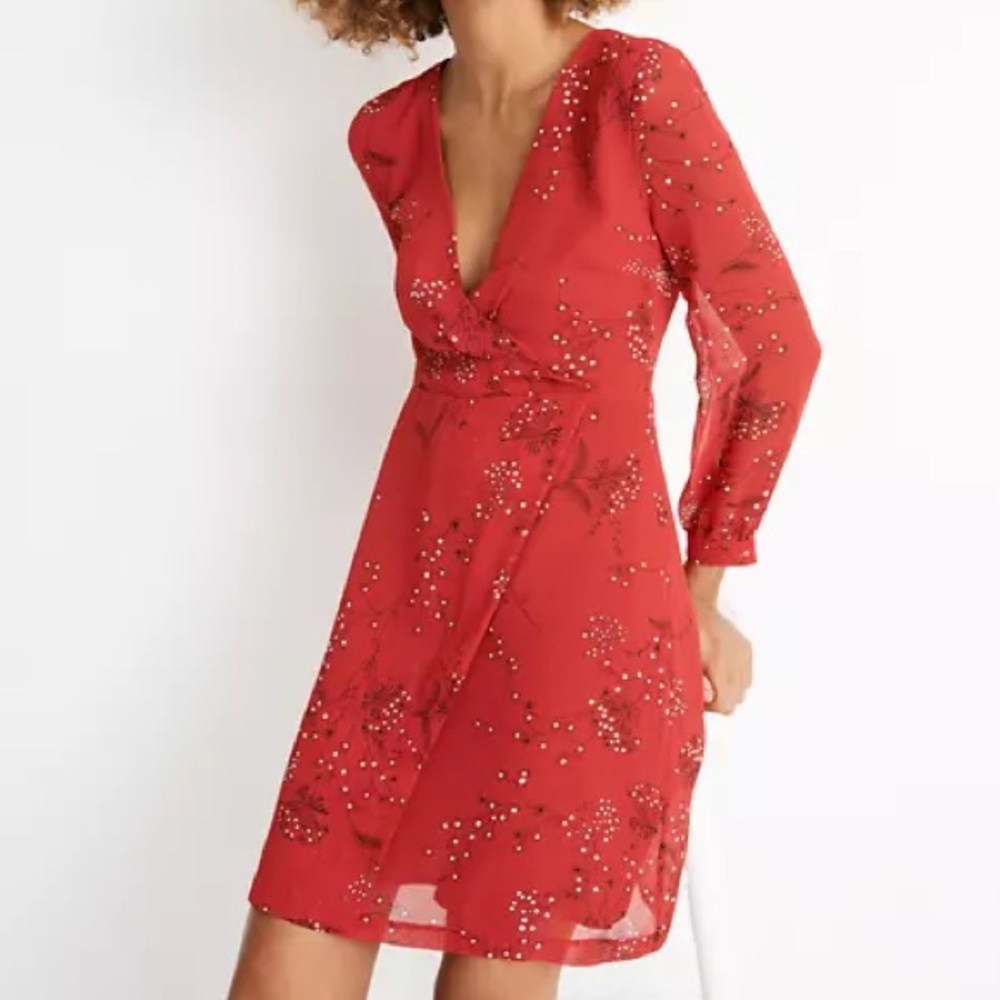 Madewell Hazelwood Wrap-Front Mini Dress v-neck long sleeve red floral pattern